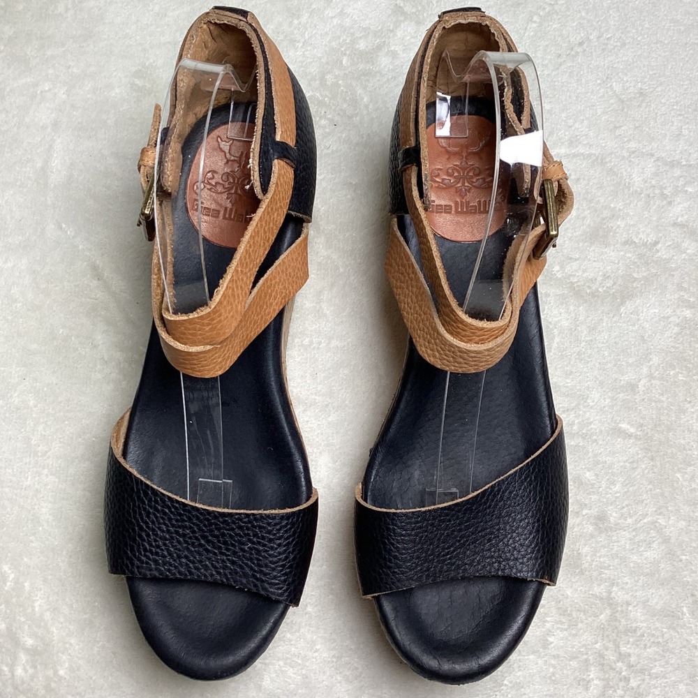 Leather Two-Tone Black and Tan Wedge Sandals